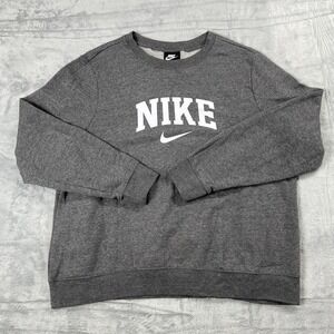 Nike Sweatshirt Mens XL Gray Fleece Lined Spellout Logo Long Sleeve Crew Neck